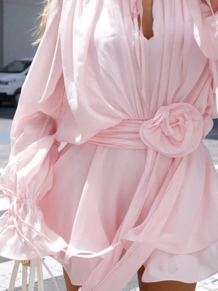 Light Pink Mini Dress with Rose Waist Detail & Flowing Sleeves