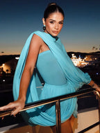 One Shoulder Drape Dress in Turquoise – Asymmetric Occasion Dress