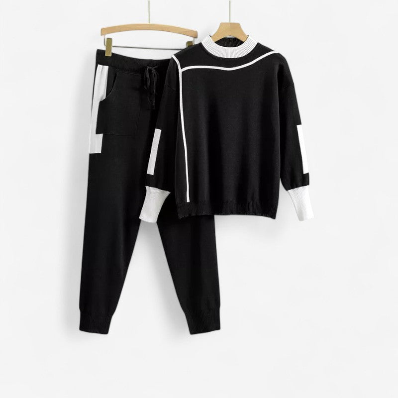 Women's Contrast Trim Long-Sleeve Top and Drawstring Trousers Set