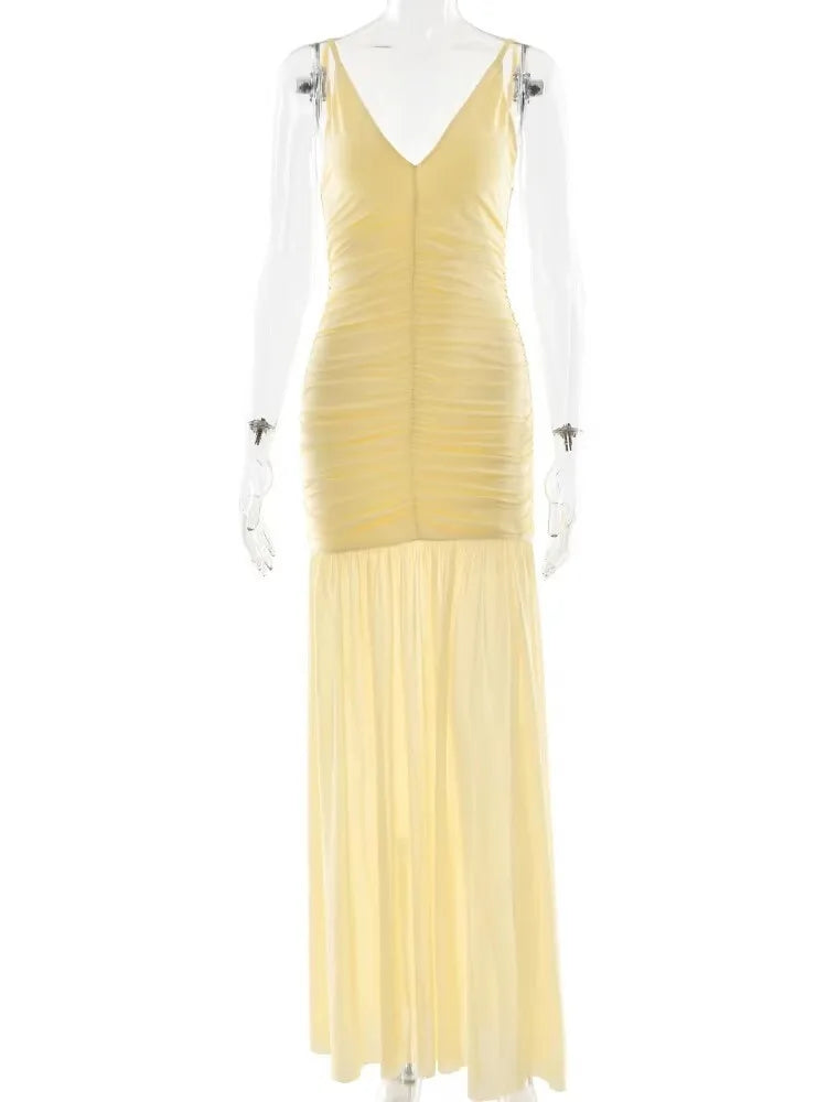 Yellow Patchwork Maxi Dress – V-Neck Backless Summer Gown | Meave & Ivy