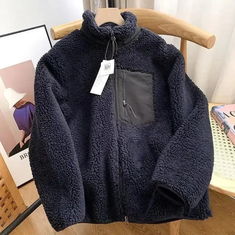 Teddy Coat with High Collar & Zip Pocket – Minimalist Warm Teddy Jacket