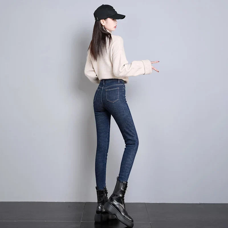 Women's Warm Fleece Lined Denim Jeans with High Waist and Stretch Fit