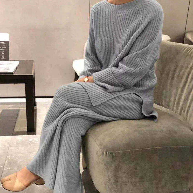 Women's Ribbed Sweater and Wide-Leg Trouser Set