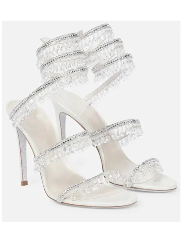 Crystal Wrap Heels – Sandals with Wraparound Ankle Strap & Rhinestones