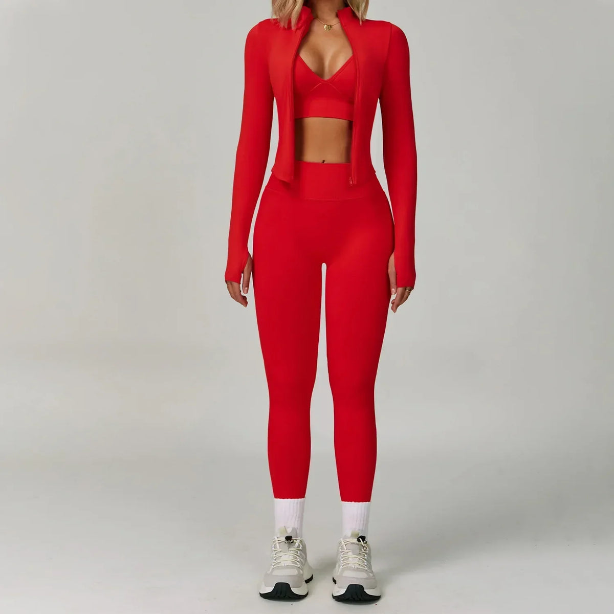 Women's Seamless Three-Piece Activewear Set with Zip-Up Jacket and High