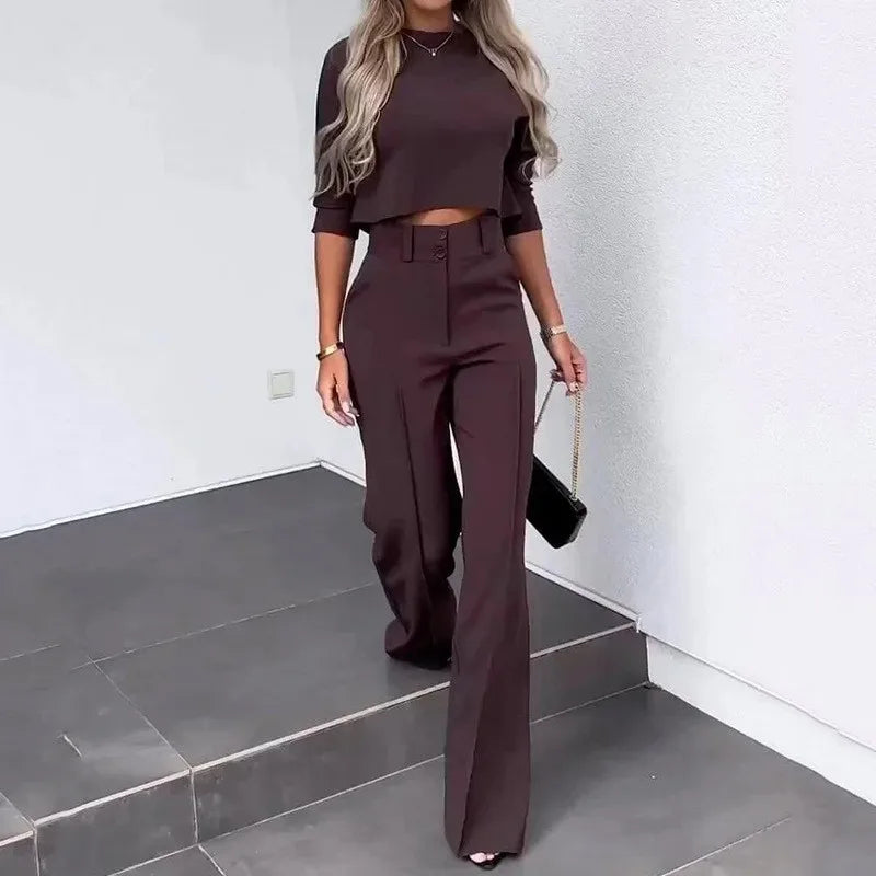 Women's Elegant Cropped Three Quarter Sleeve Top and High Waisted Wide Leg