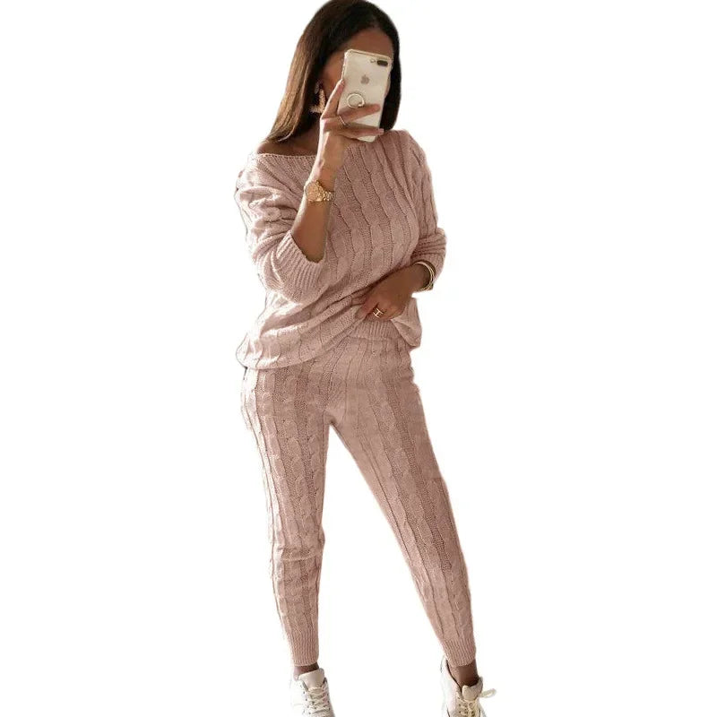 Women's Cable Knit Jumper and Jogger Set with Wide Neckline