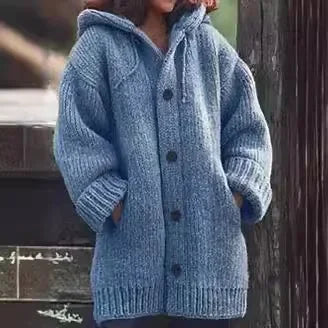 Women's Chunky Knit Hooded Cardigan with Oversized Collar and Large Button