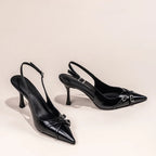 Black Pointed Stiletto Court Shoe – Buckle Strap Heel | Meave & Ivy