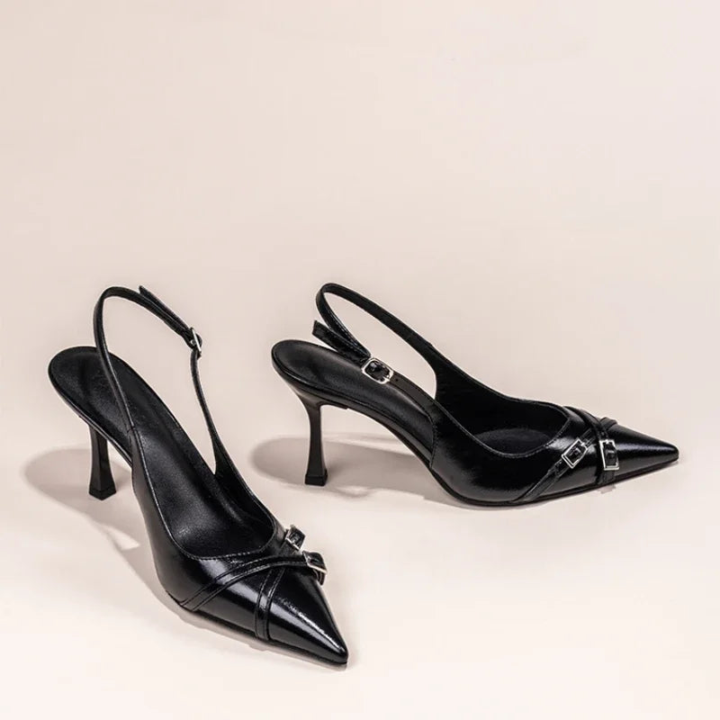 Black Pointed Stiletto Court Shoe – Buckle Strap Heel | Meave & Ivy
