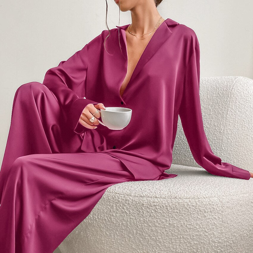 Satin Pyjama Set – Women's Luxury Long Sleeve Button-Up PJ Set