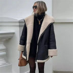 Women's Faux Leather Shearling-Style Winter Jacket with Oversized Collar