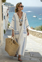 Linen Kaftan Maxi Dress – Striped V-Neck Casual Dress | Meave & Ivy