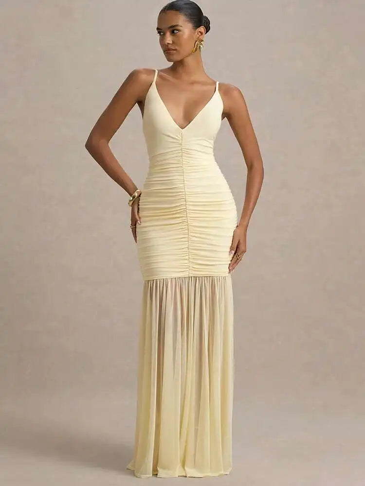 Yellow Patchwork Maxi Dress – V-Neck Backless Summer Gown | Meave & Ivy