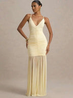 Yellow Patchwork Maxi Dress – V-Neck Backless Summer Gown | Meave & Ivy