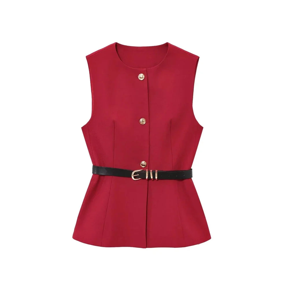 Gold Button Longline Waistcoat – Belted Statement Vest | Meave & Ivy