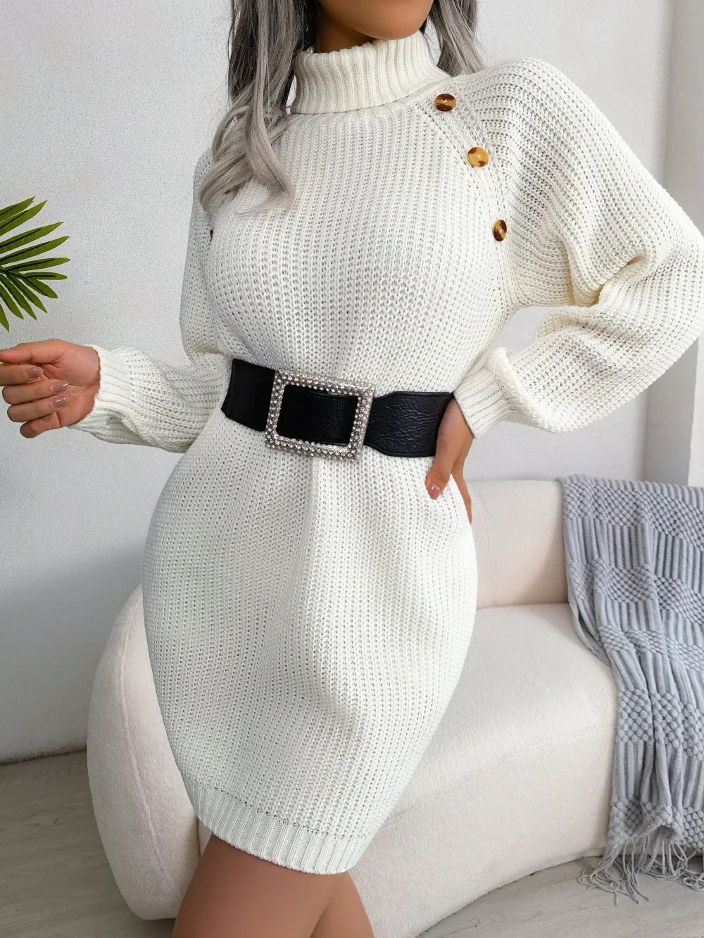Women's Ribbed Knitted Sweater Dress with Roll Neck and Decorative