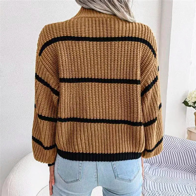 Women's Striped Knitted Sweater with Ribbed High Neck and Contrast Cuffs