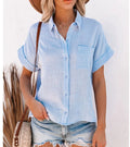 Cotton-Linen Button-Up Blouse – Short Sleeve Prints