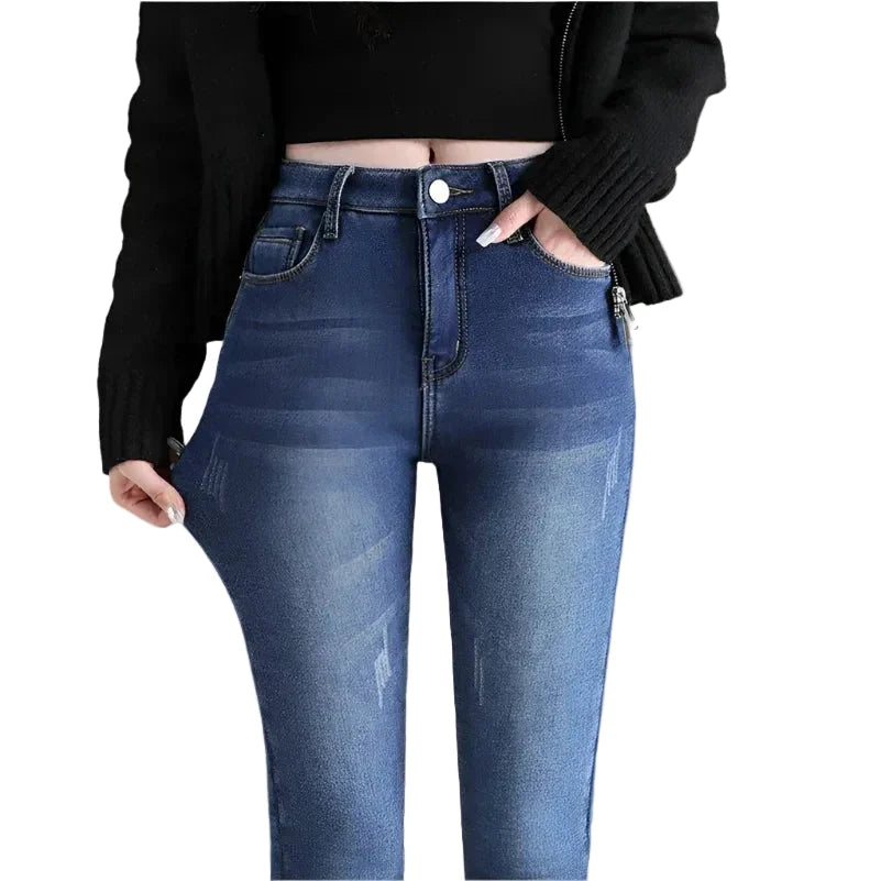 Women's Warm Fleece Lined Denim Jeans with High Waist and Stretch Fit