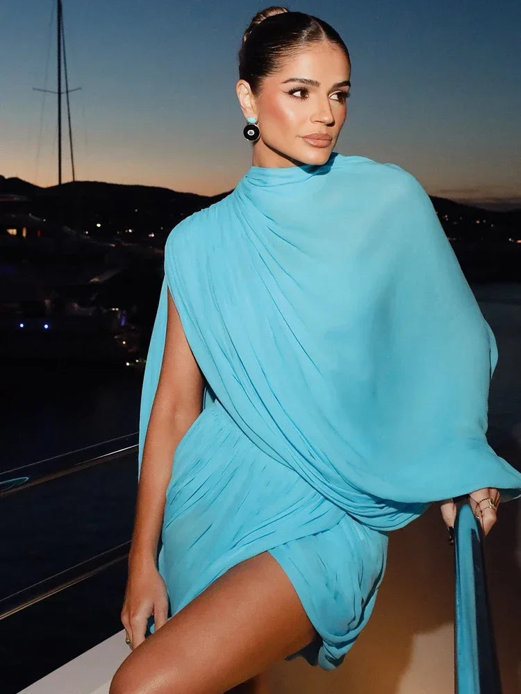 One Shoulder Drape Dress in Turquoise – Asymmetric Occasion Dress