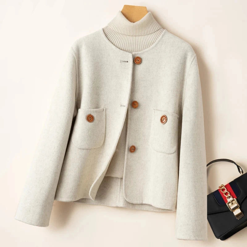 Women's Elegant Cropped Wool Blend Jacket with Round Neck and Button Front