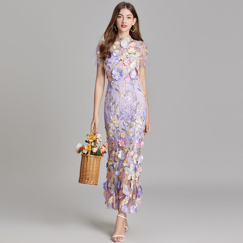 3D Floral Appliqué Wedding Guest Midi Dress