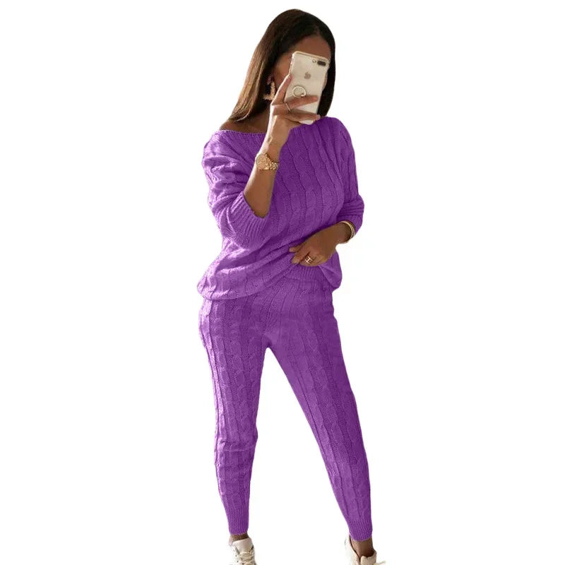 Women's Cable Knit Jumper and Jogger Set with Wide Neckline