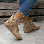 Suede Look Ankle Boots with Fringe & Studs – Western Boho Boots