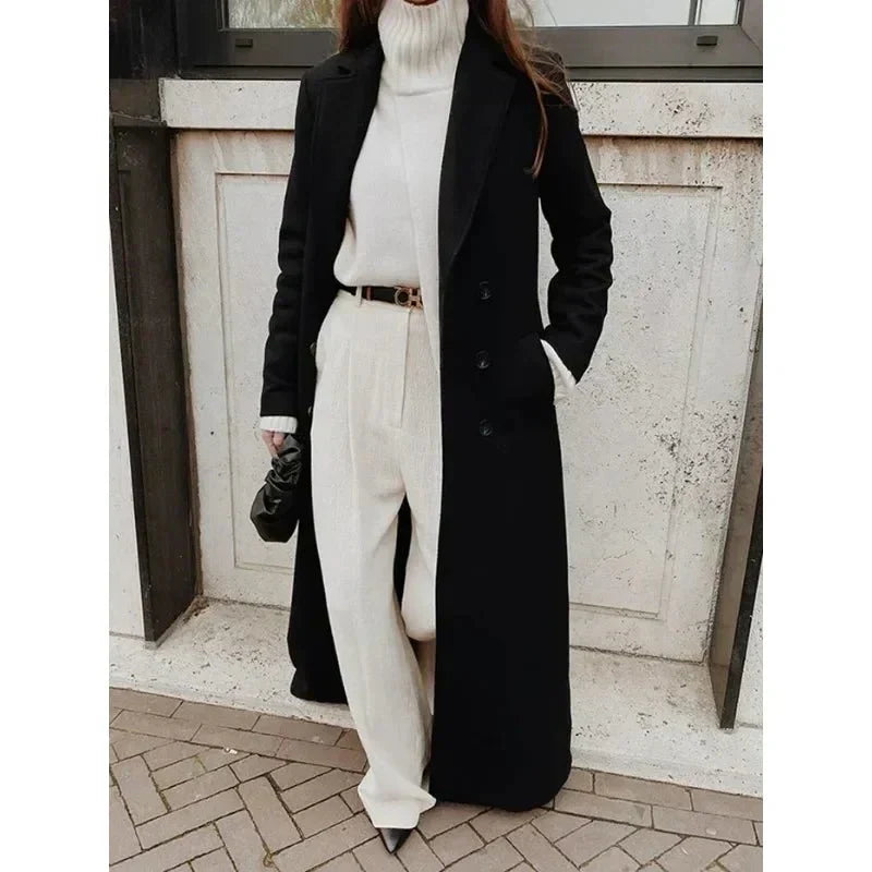 Women's Elegant Double-Breasted Longline Coat with Wide Notch Lapels