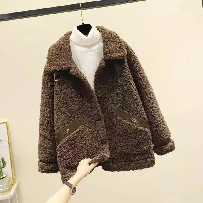 Women's Oversized Teddy Jacket with Buckle Collar and Contrast Pocket Trim
