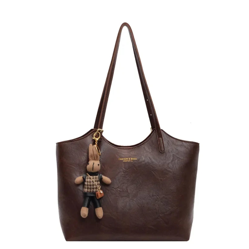 Vintage Style Vegan Leather Tote – Women's Shoulder Bag with Charm