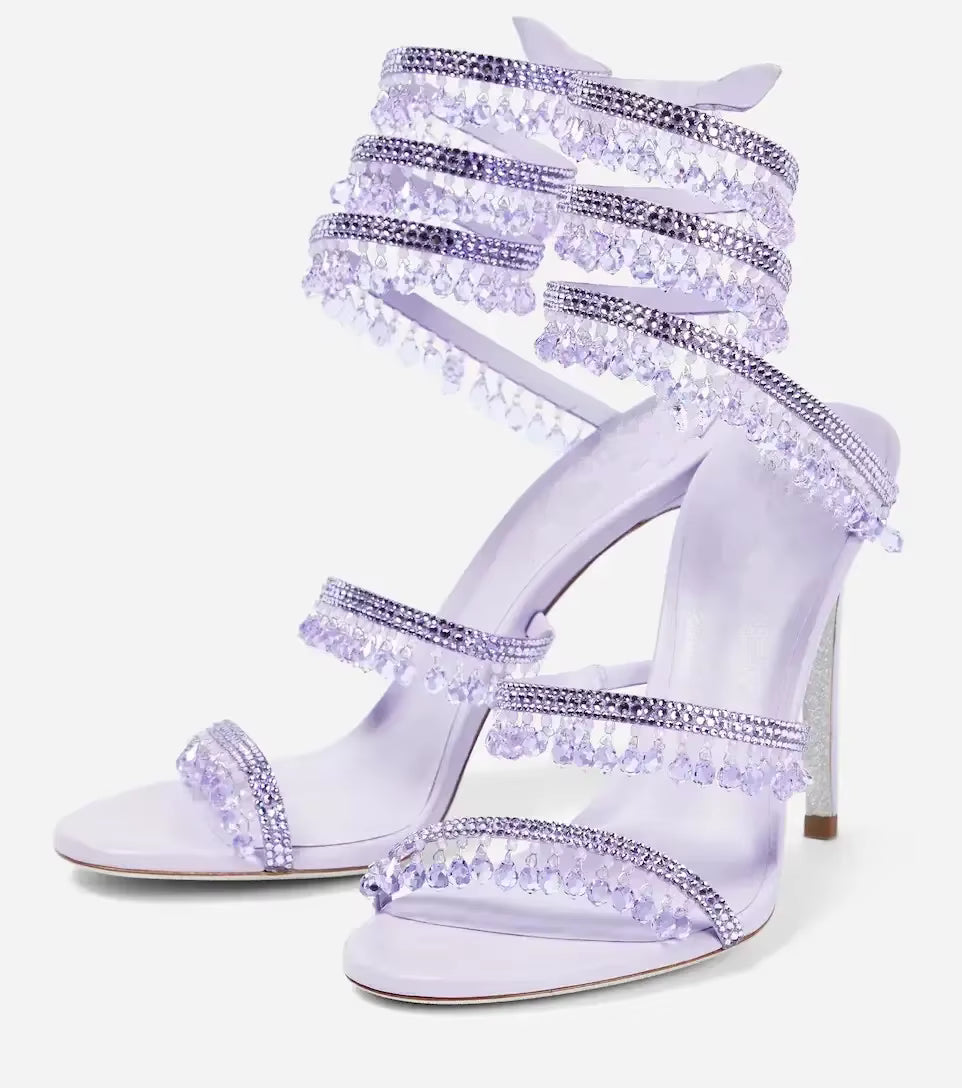 Crystal Wrap Heels – Sandals with Wraparound Ankle Strap & Rhinestones