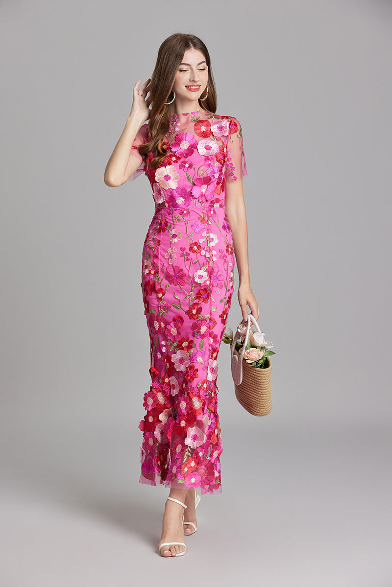 3D Floral Appliqué Wedding Guest Midi Dress