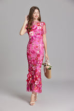 3D Floral Appliqué Wedding Guest Midi Dress