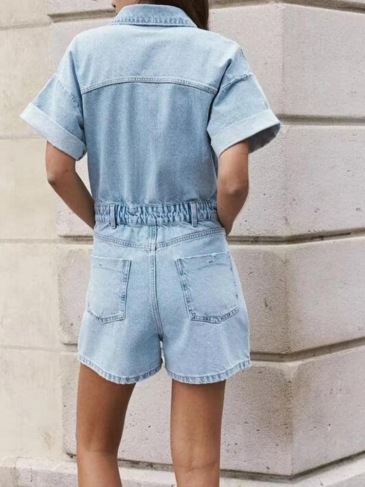 Denim Utility Playsuit with Chest Pockets – Women's Short Boilersuit