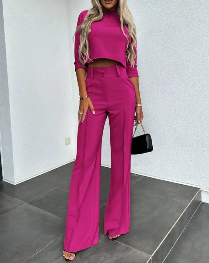 Women's Elegant Cropped Three Quarter Sleeve Top and High Waisted Wide Leg