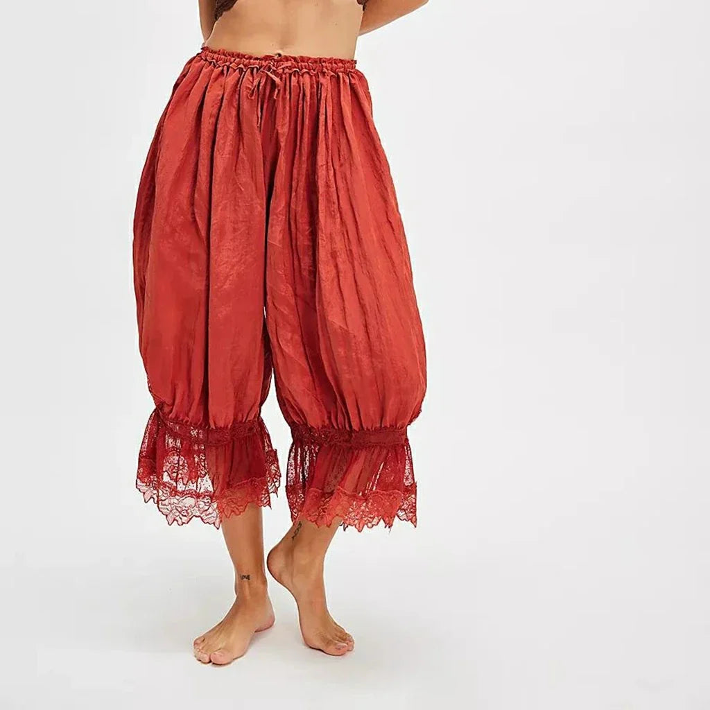 Lace-Patchwork Cropped Bloomers with Drawstring Waist