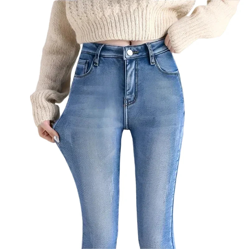 Women's Warm Fleece Lined Denim Jeans with High Waist and Stretch Fit