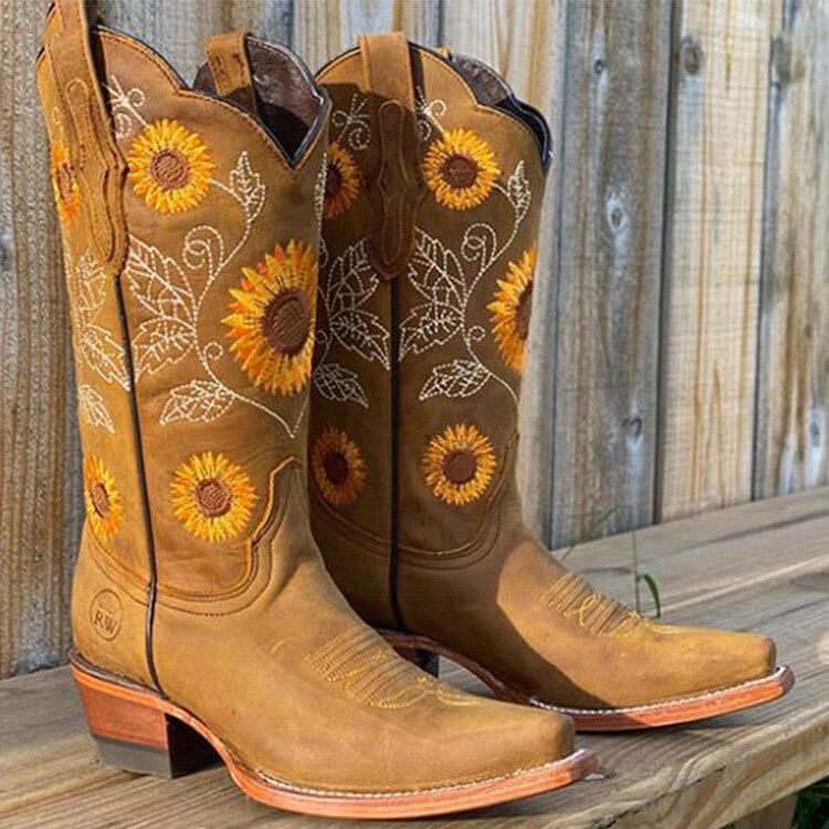 Women's Sunflower Embroidered Scallop Top Pointed Toe Western Boot