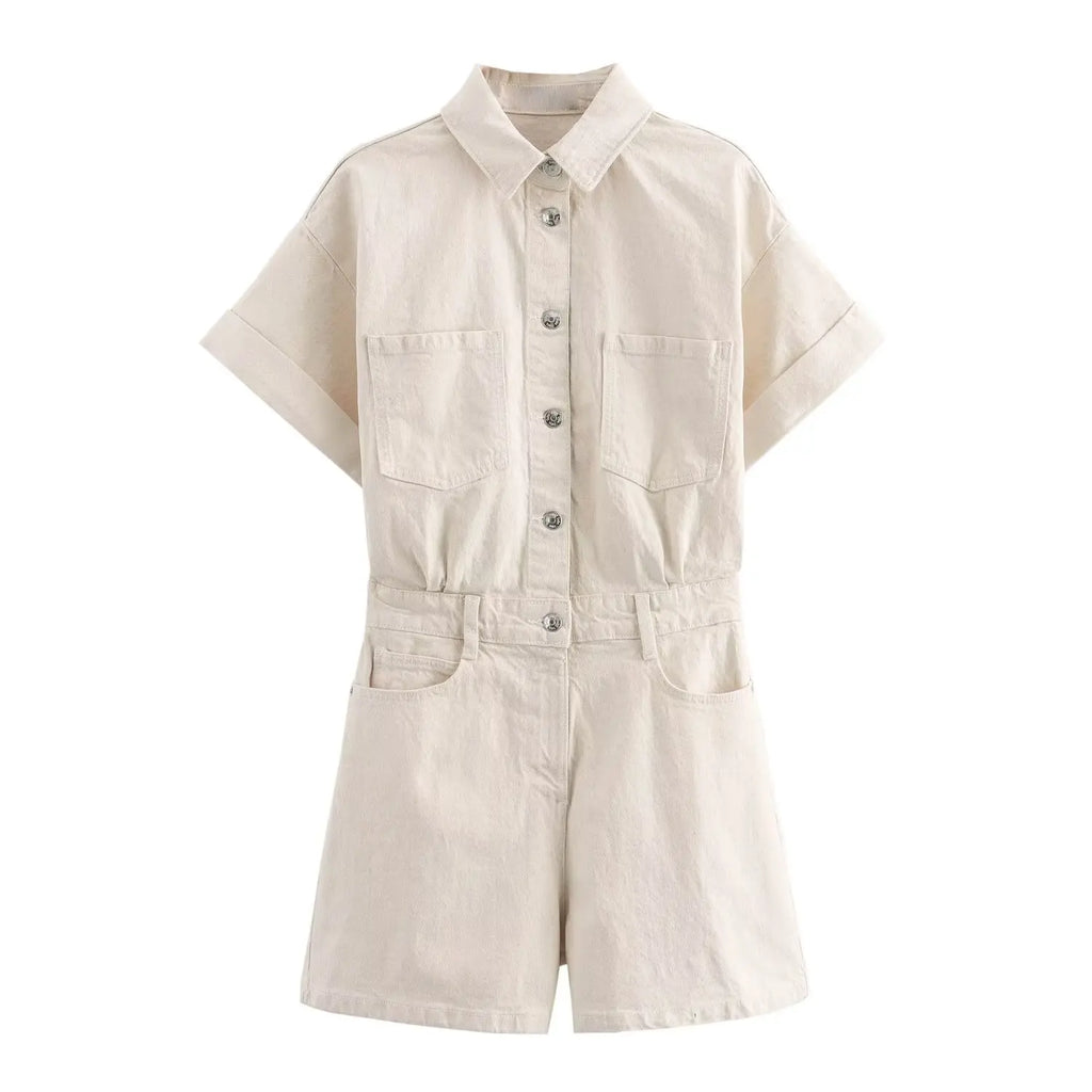 Denim Utility Playsuit with Chest Pockets – Women's Short Boilersuit