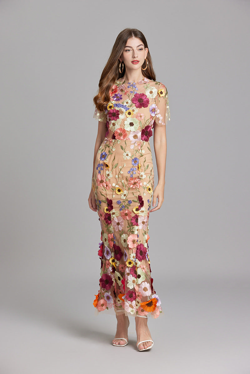 3D Floral Appliqué Wedding Guest Midi Dress