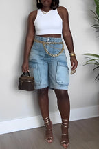 Women's High-Waisted Denim Cargo Bermuda Shorts – Relaxed Knee-Length Utility Style with Oversized Pockets for Summer Streetwear and Everyday Casual Wear