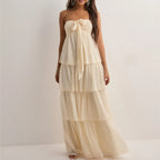 Strapless Summer Dress with Layered Skirt & Adjustable Bow – Chiffon Look Sundress