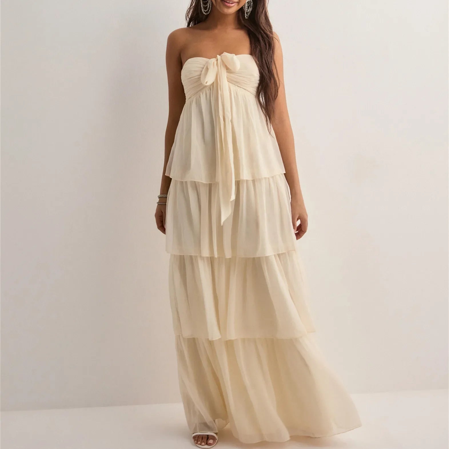 Strapless Summer Dress with Layered Skirt & Adjustable Bow – Chiffon Look Sundress