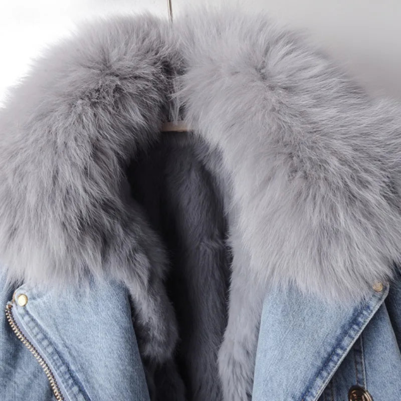Women's Cropped Denim Biker Jacket with Plush Faux Fur Collar and Cuffs