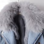 Women's Cropped Denim Biker Jacket with Plush Faux Fur Collar and Cuffs