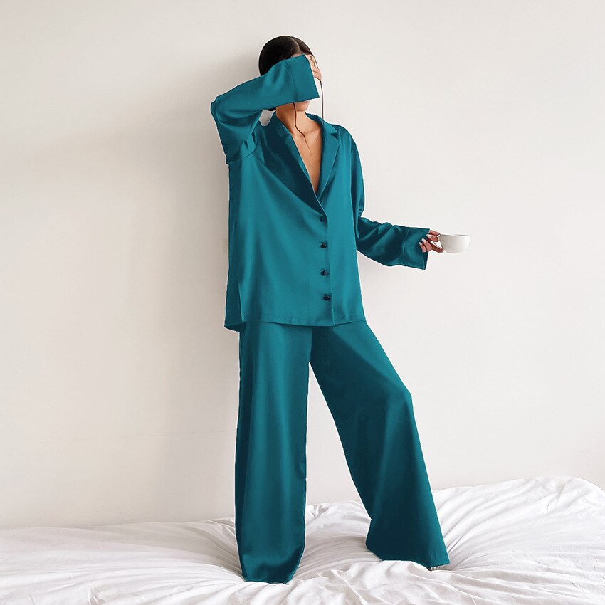 Satin Pyjama Set – Women's Luxury Long Sleeve Button-Up PJ Set