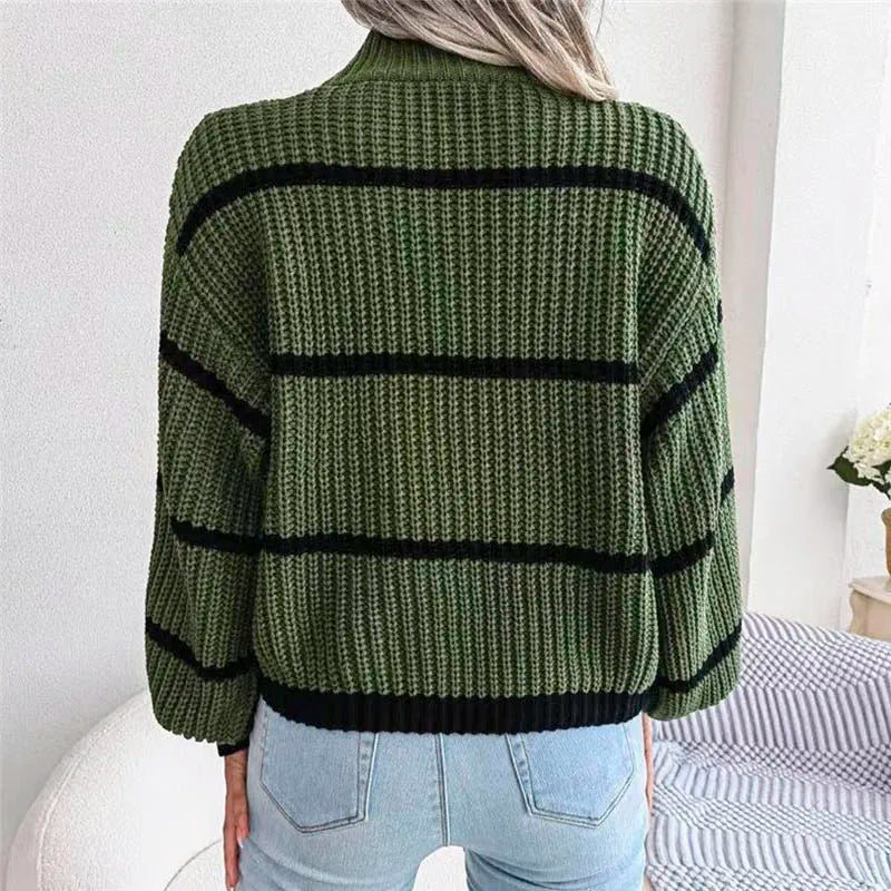 Women's Striped Knitted Sweater with Ribbed High Neck and Contrast Cuffs