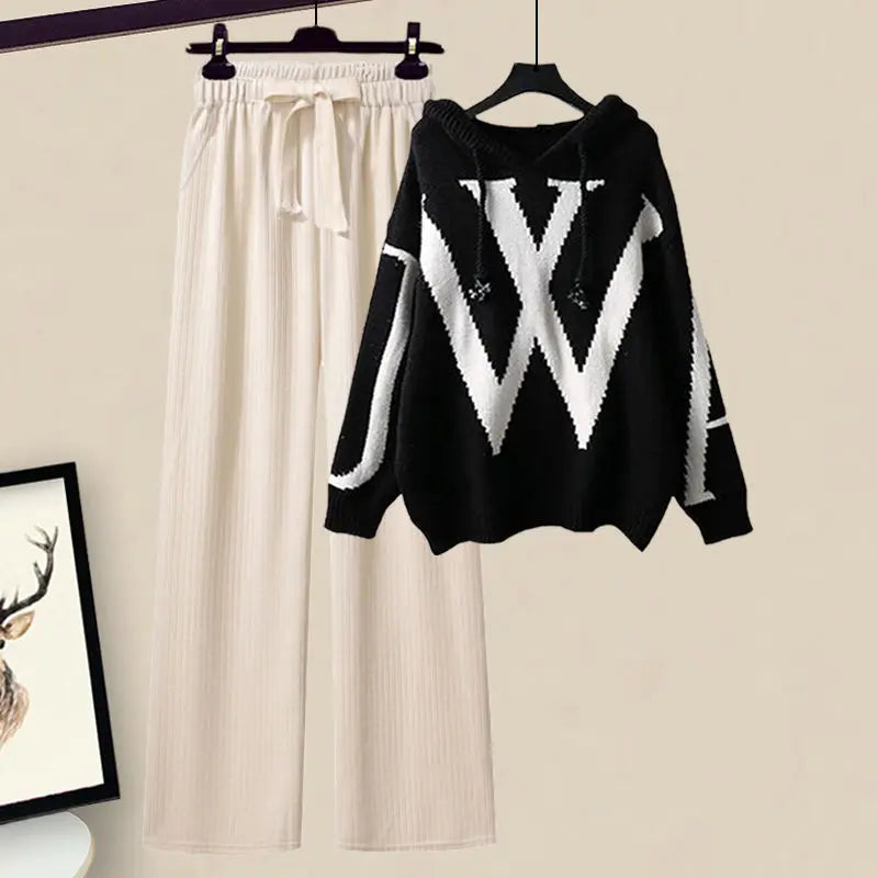 Women's Knitted Hooded Jumper and Wide-Leg Trouser Set